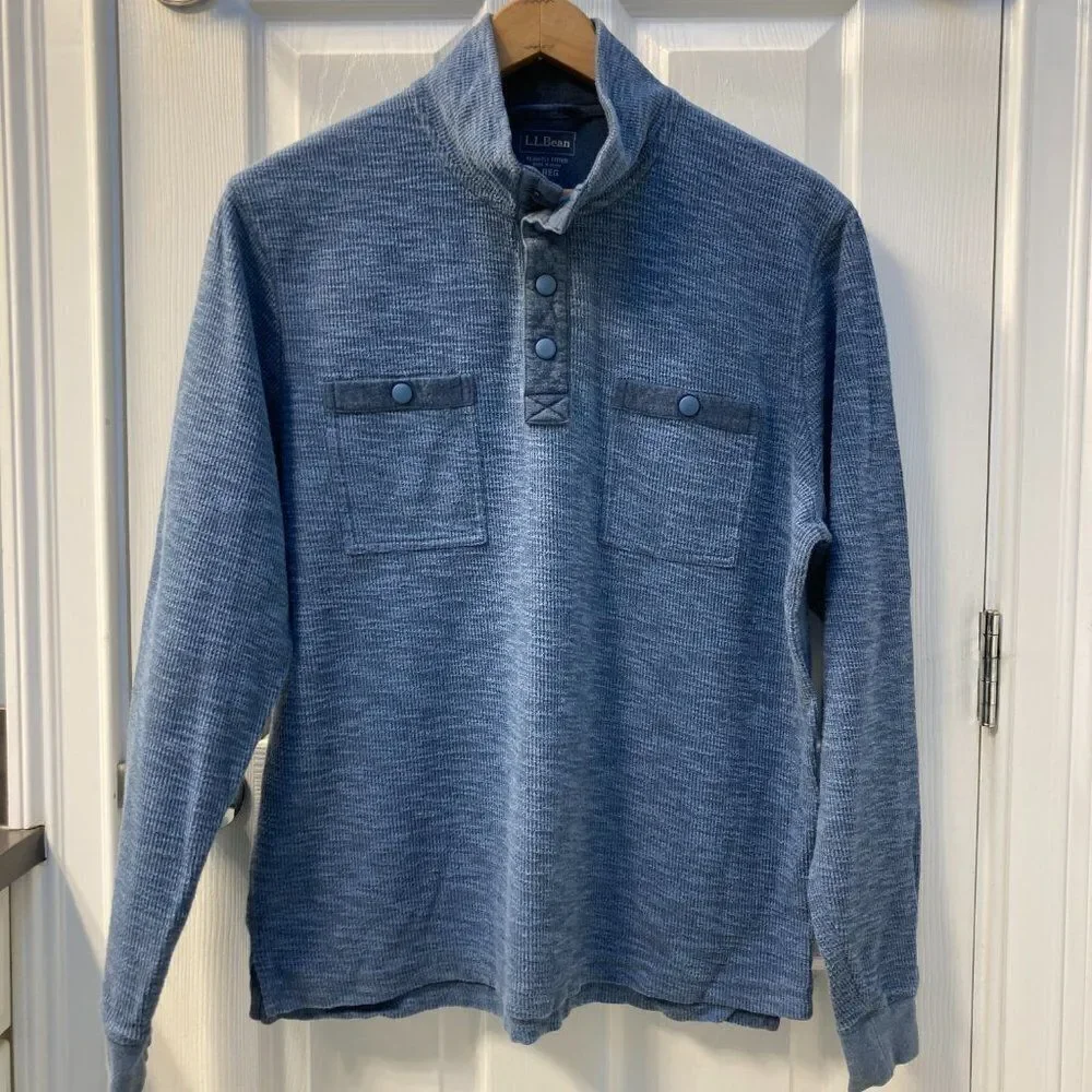 L.L. Bean Pull Over Cotton Sweater Mid Blue / Grey Snap T Pocket Size Large Reg